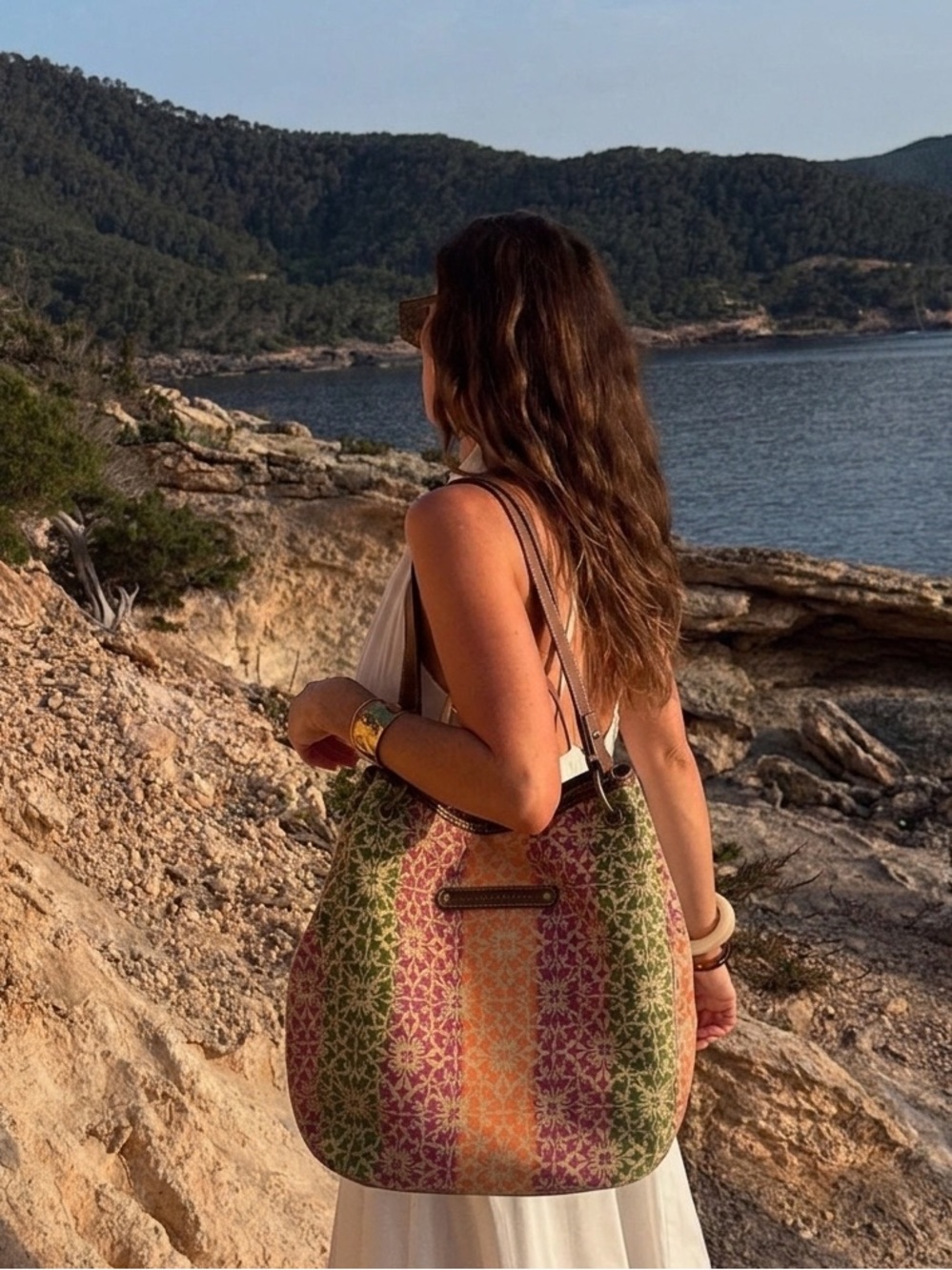 Multicolor Patterned Shoulder Tote Bag - Green/Pink/Orange